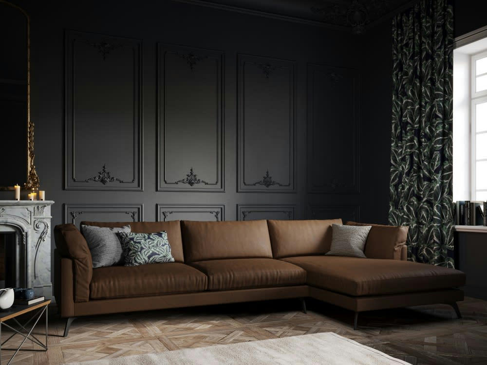 CAMILLE - Canapé d'angle 5 places en cuir marron foncé