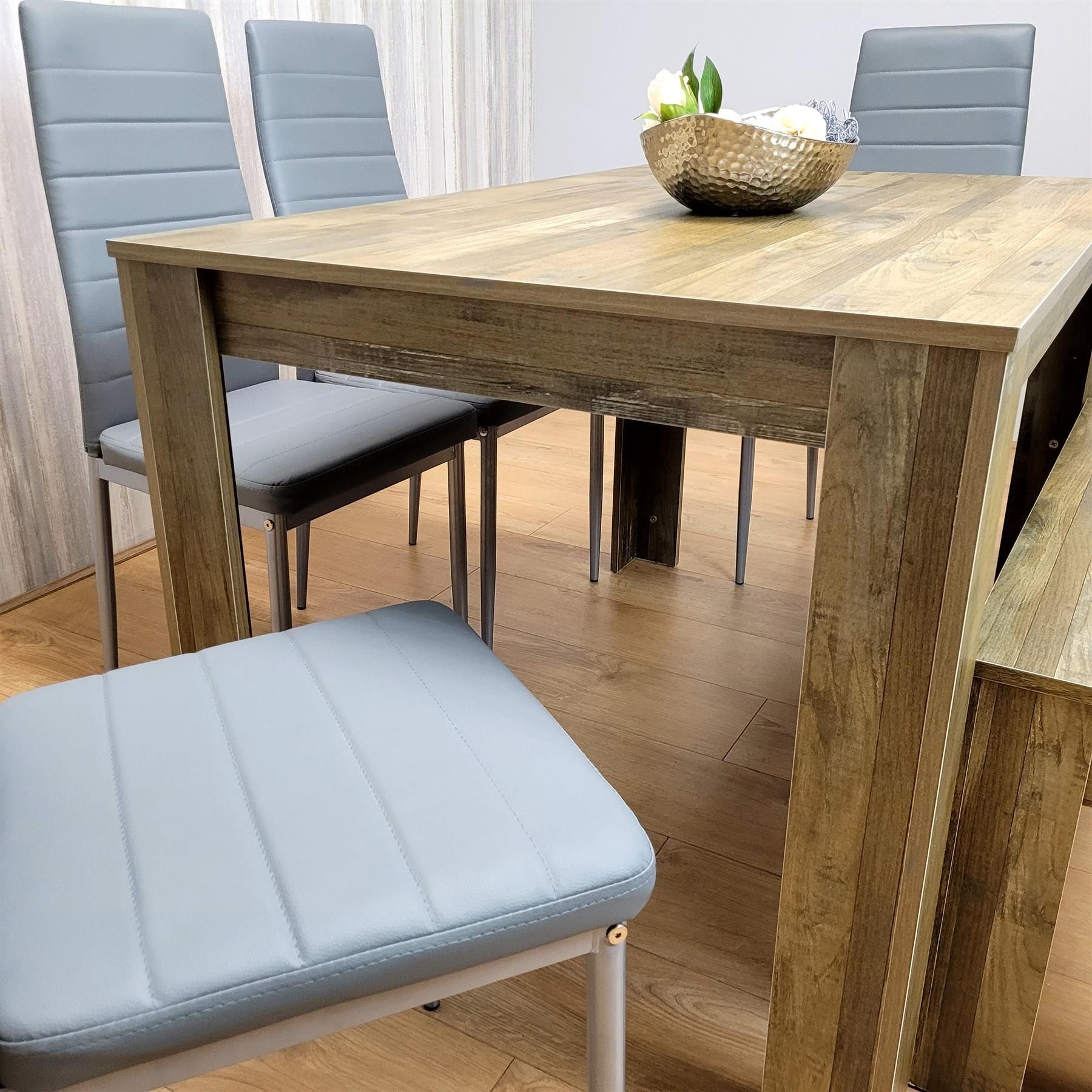 KOSY KOALA Modern Rustic Dining Table Set Wooden Table with 4 Grey Chairs and Bench - Dining Furniture Set