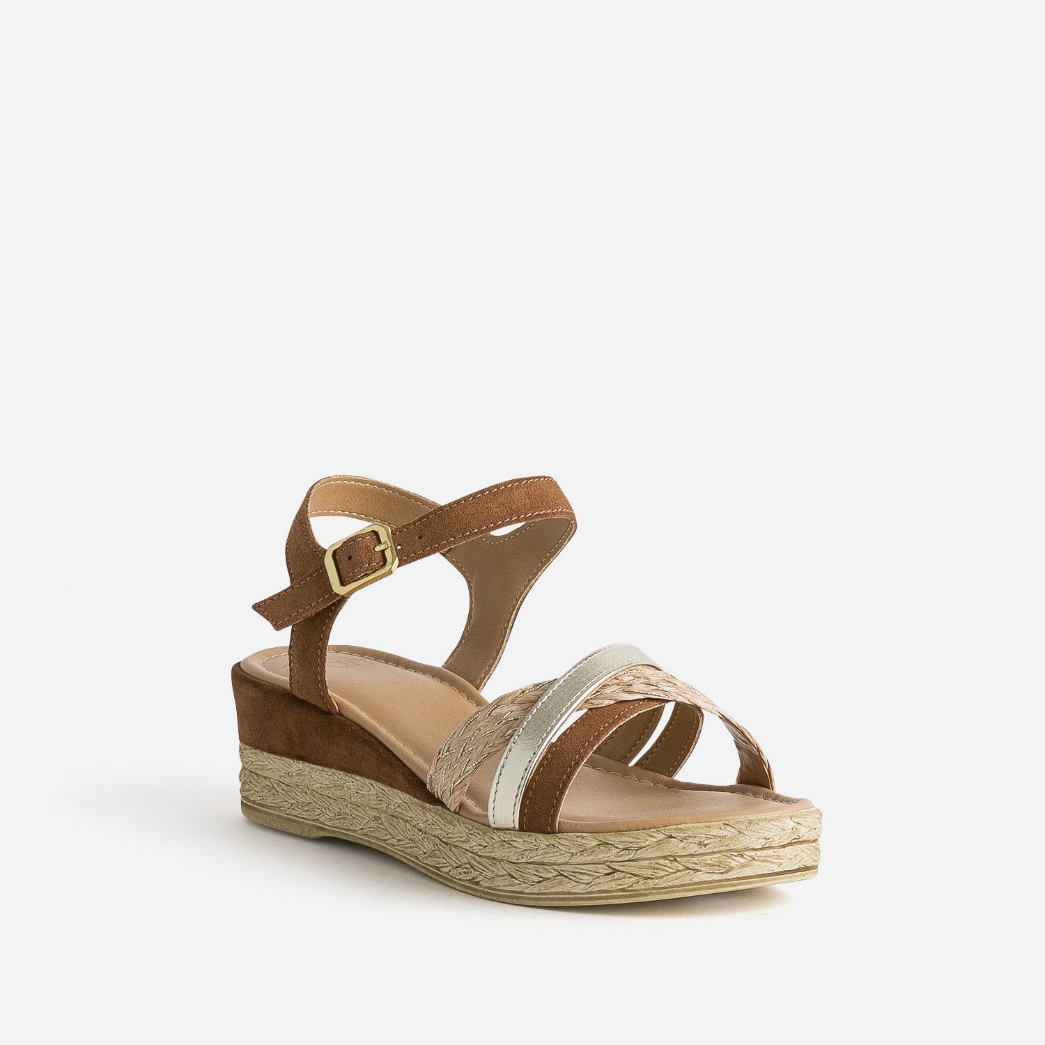 Sandale compensée camel en cuir velours