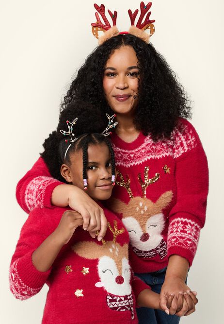Womens Red Christmas Reindeer Family Jumper