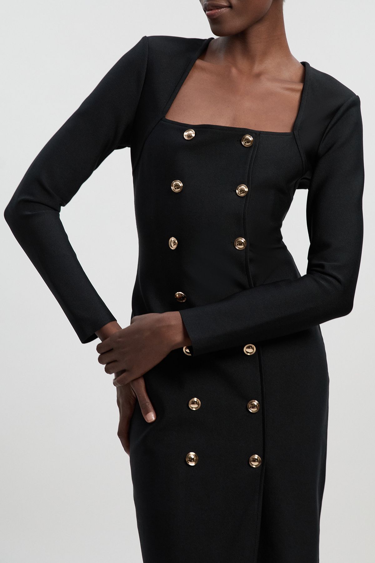 KarenMillen Figure Form Bandage Woven Mix Military Button Blazer Knit Midi Dress