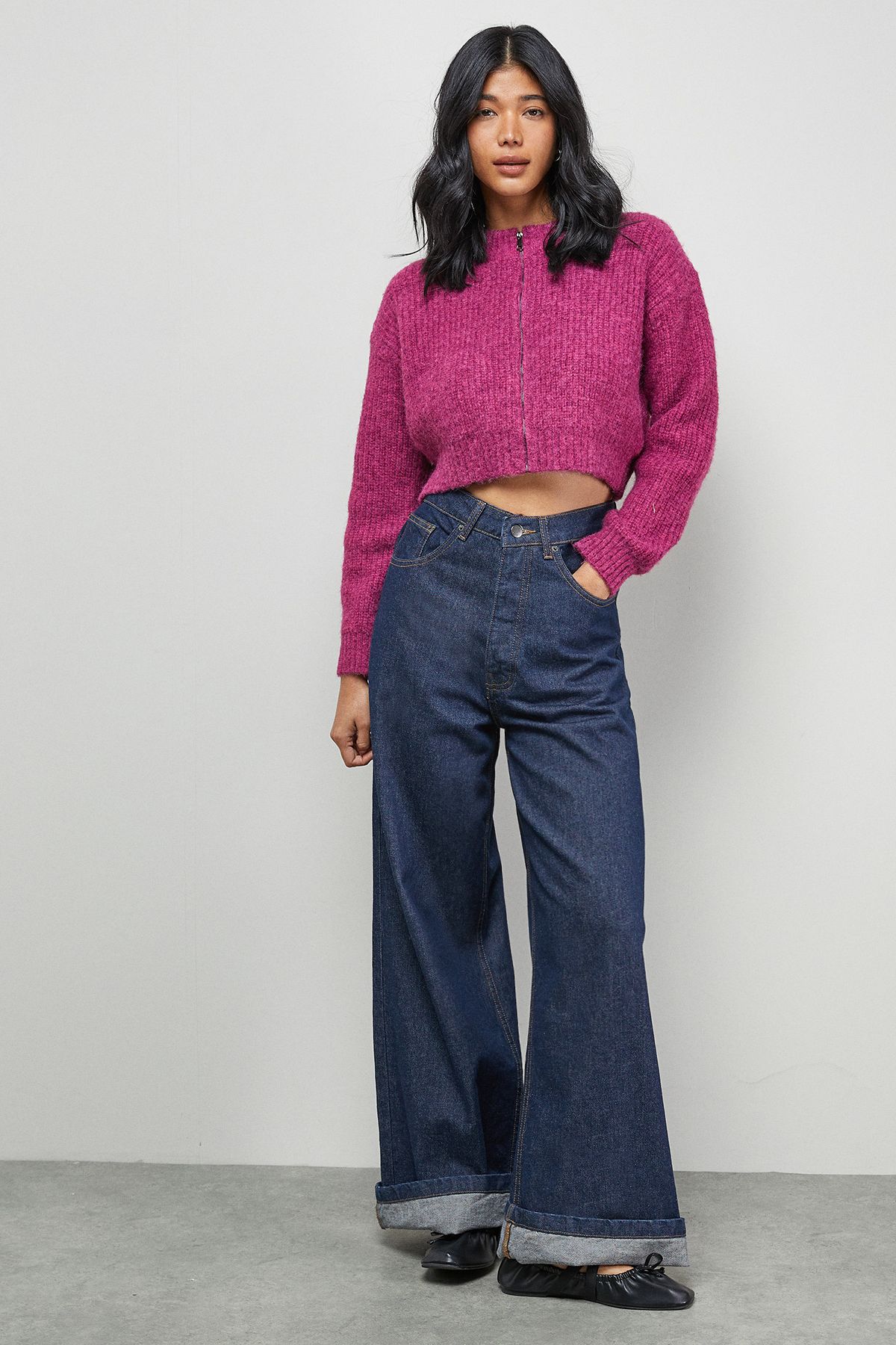 Warehouse Zip Up Rib Crew Cardigan