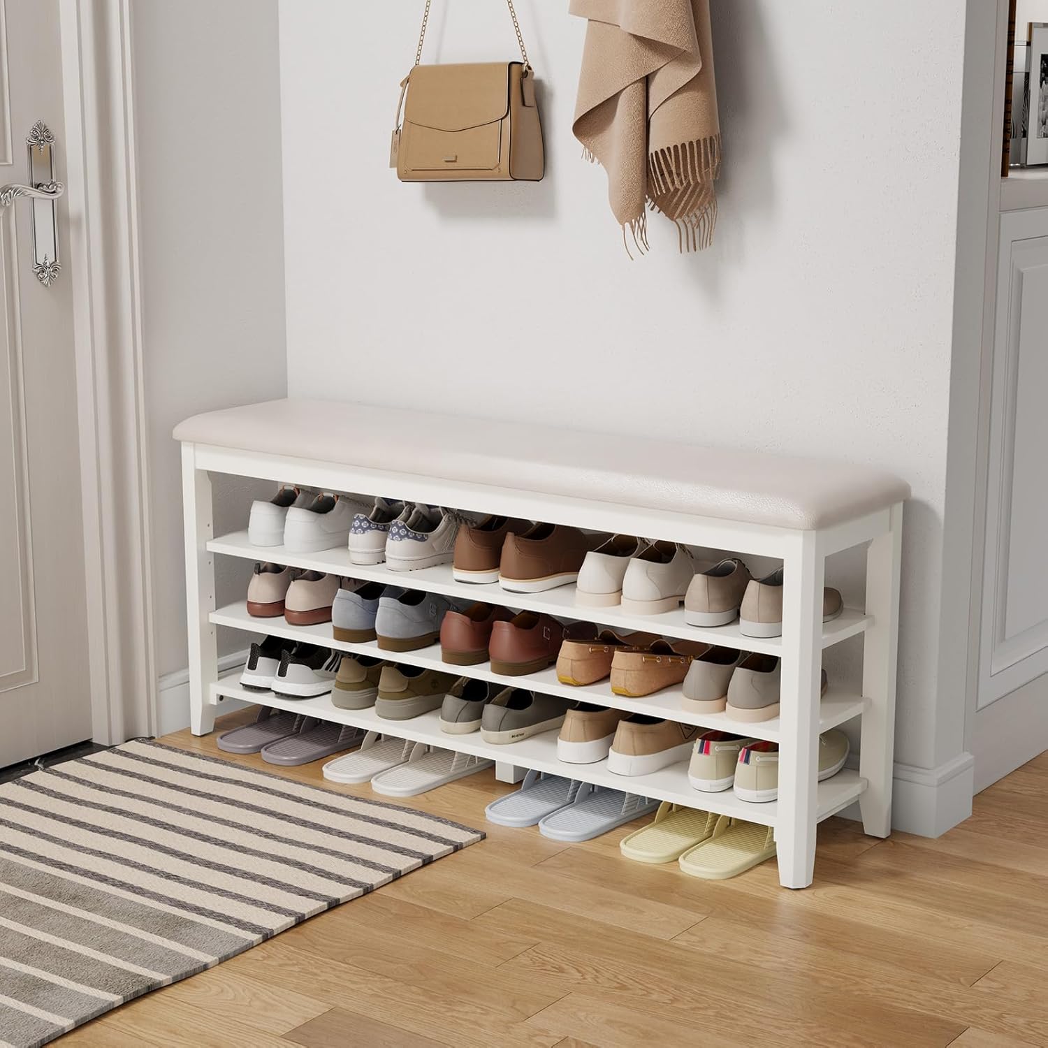 AQIMUELE Shoe Bench with Leather Cushion, 3 Tiers Shoe Storage Bench Height Adjustable, Walnut Wood Entryway Bench for Hallway, Mudroom