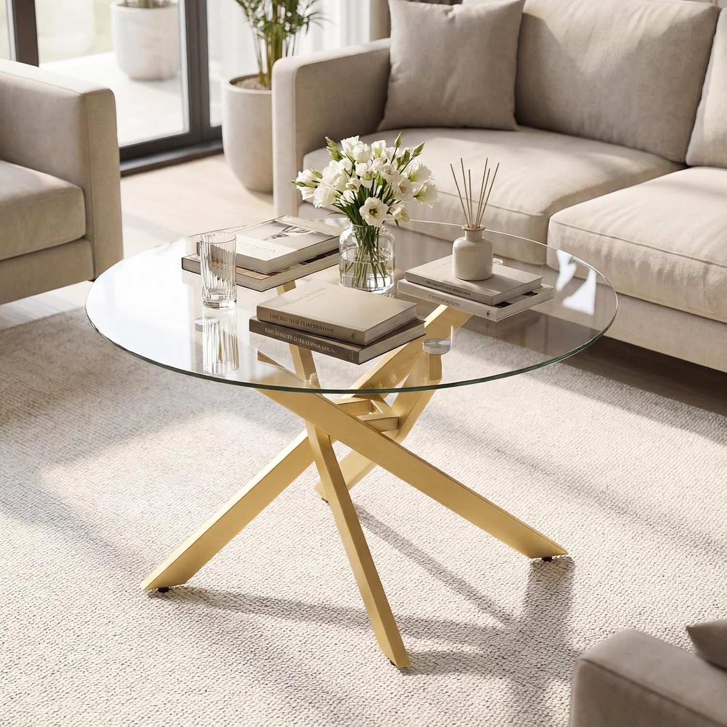 Giantex Round Glass Coffee Table, 31.5 Modern Center Table with Tempered Glass Top & Geometric Metal Frame, Clear Accent Cocktail Table, Small Coffee Table for Living Room, Small Spaces (Gold)