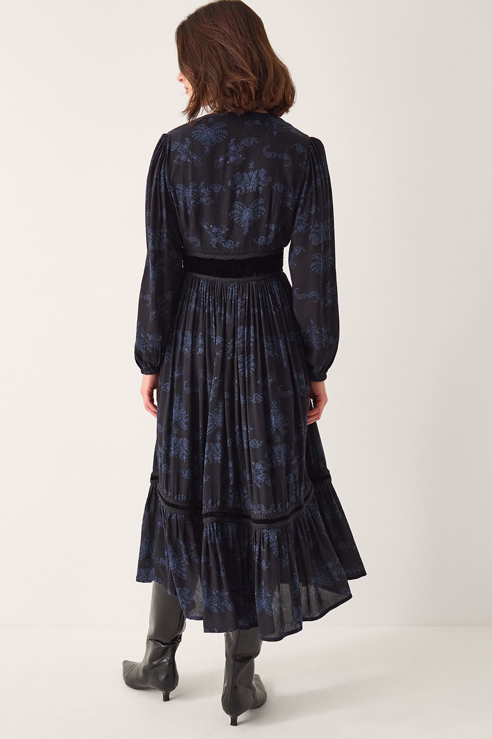 Monsoon Kelly Floral Print Embellished Midi Dress Blue