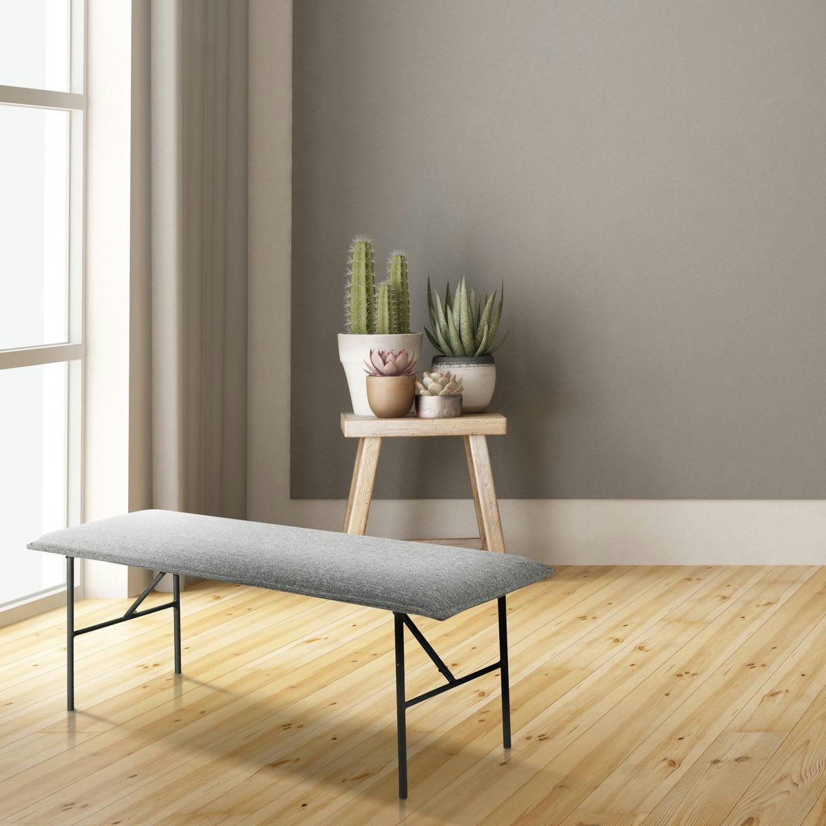 LUCCE - Banc moderne tissu gris clair 134 cm piètement métal noir mat