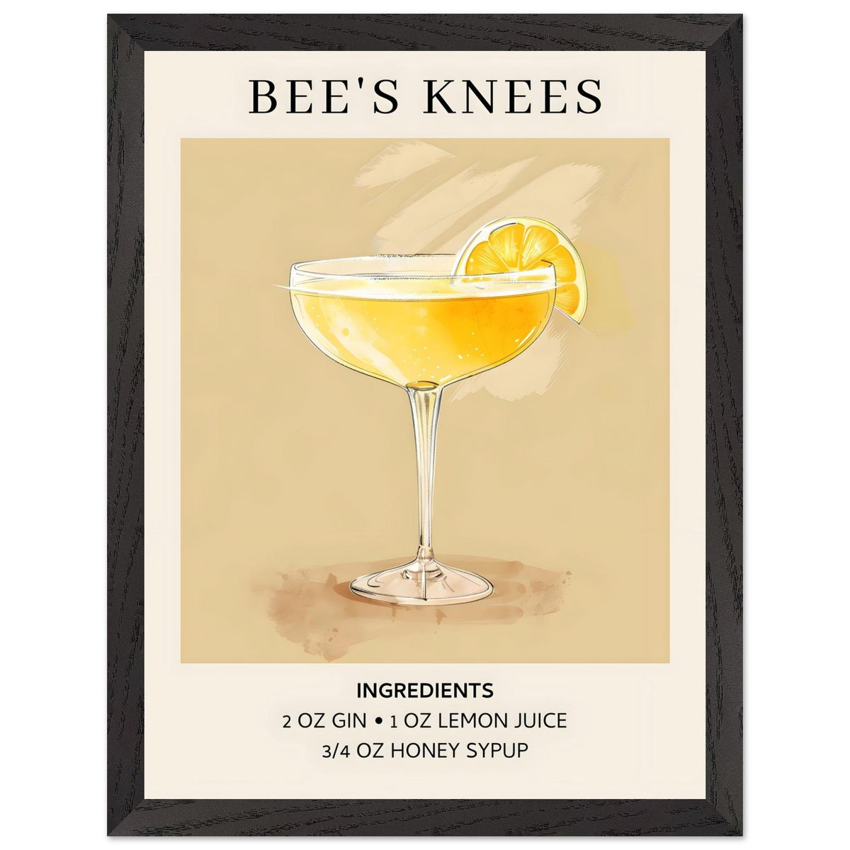 Artfulprints Poster met Lijst Bee's Knees cocktail - Ingrediënten  - 30x40 cm - Geel