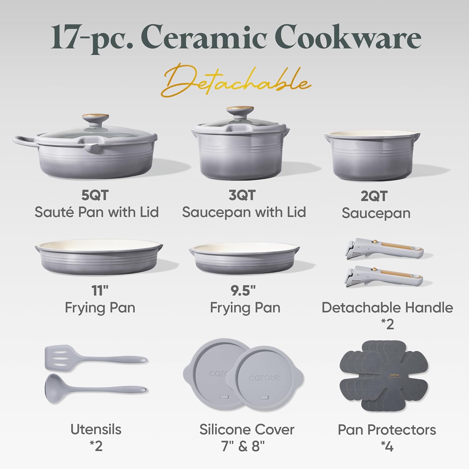 CAROTE 17Pcs Titanium Cookware Set, Pots and Pans Set Non Stick, Kitchen Cooking Set with Detachable Handle, Non Toxic Induction Cookware, Dishwasher/Oven Safe
