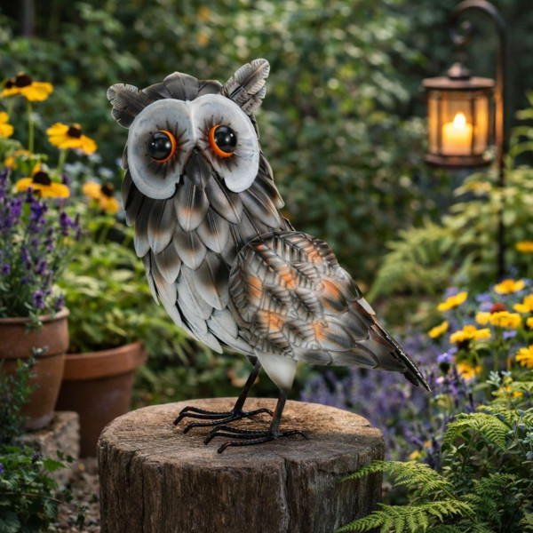 Figurka ogrodowa sowa z metalu 37 cm szara
