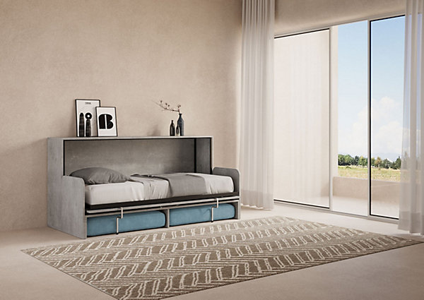 Lit simple escamotable Kando avec canapé et matelas en ciment, bleu