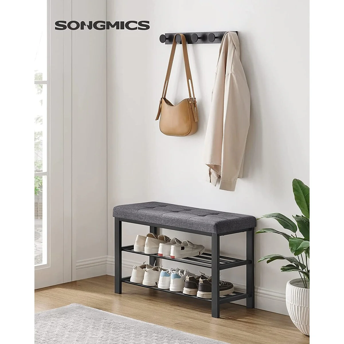 SONGMICS 3-Tier Shoe Bench, Storage Organizer with Foam Padded Seat