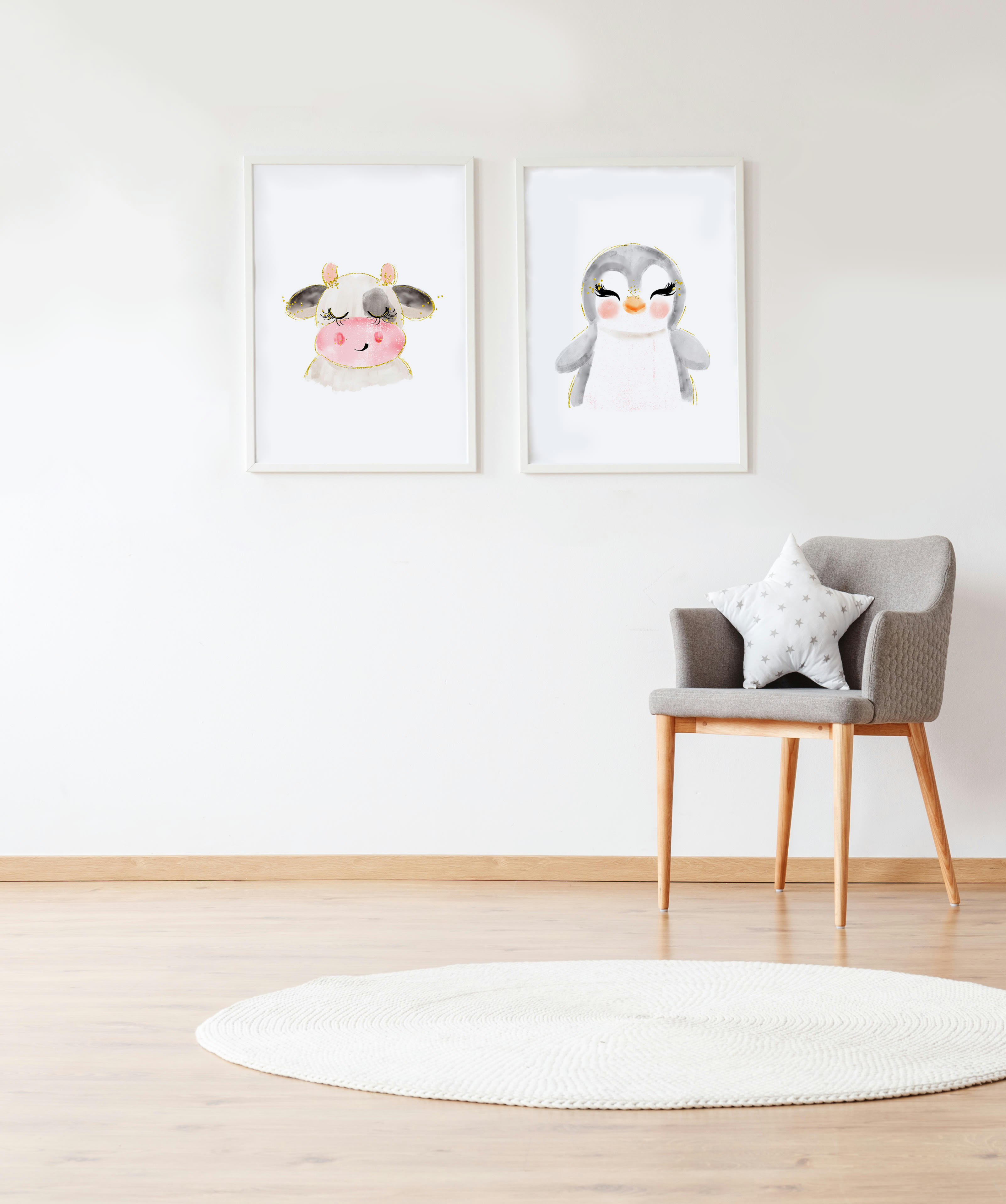 DECOWALL - Pack encadré bois blanc impression le vache et pingouin 43X33 cm