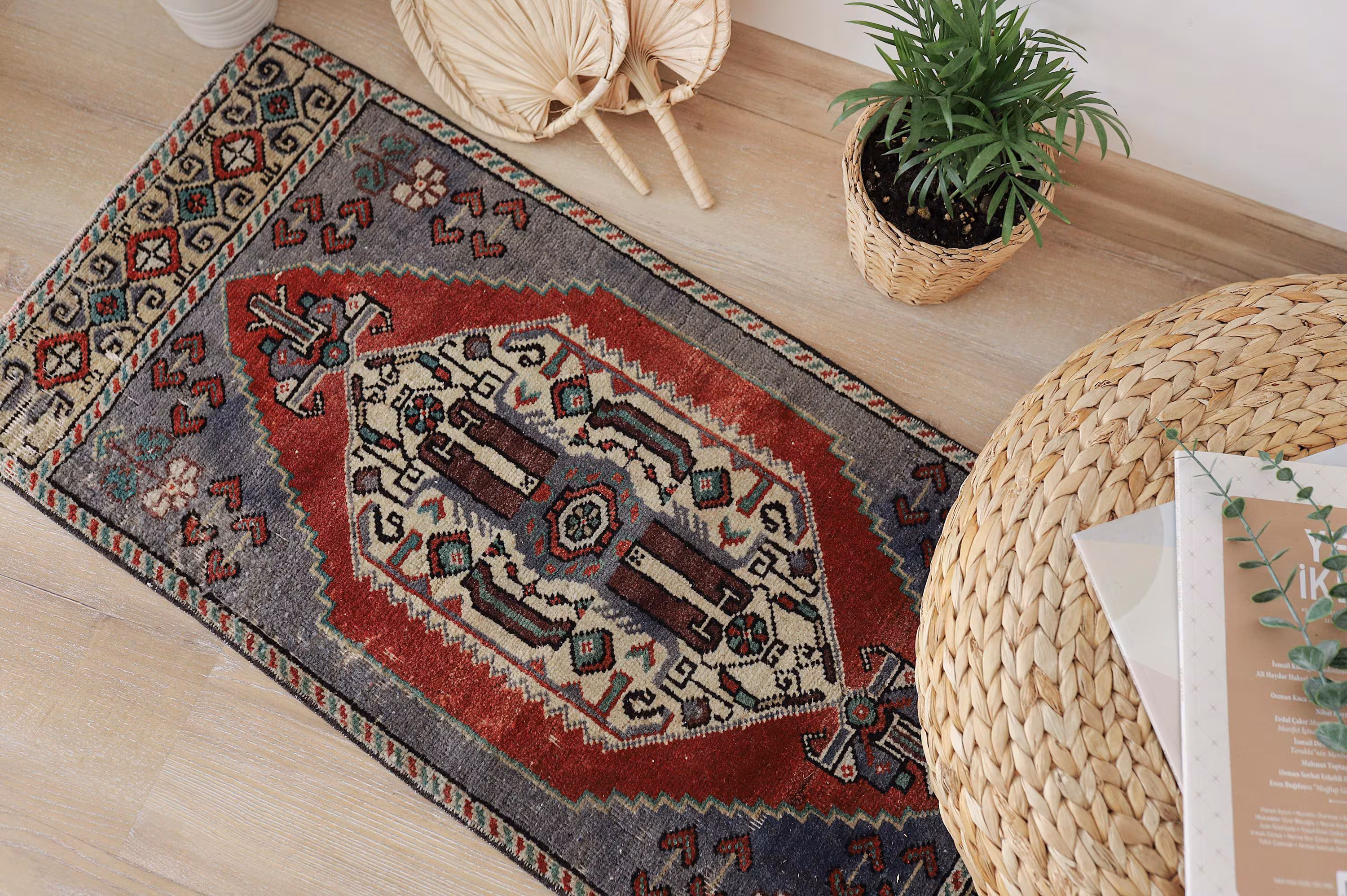 Vintage Turkish Wool Rug, 1x3 ft Anatolian Accent Mat, Rustic Home Decor