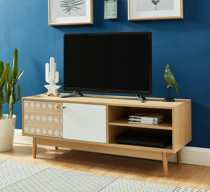 LEIKA - Meuble tv   blanc et effet bois et chêne  2 portes 120cm