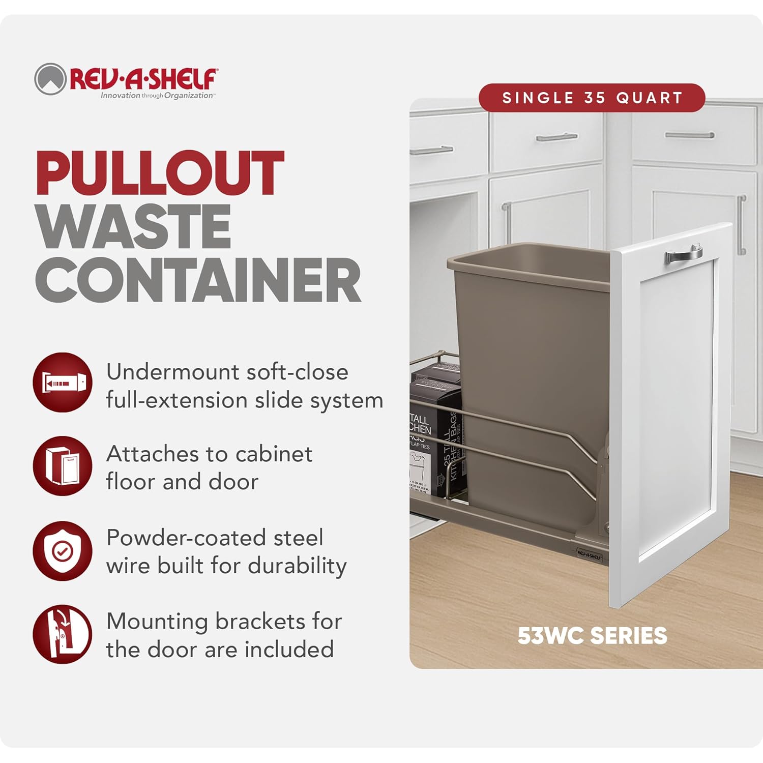 Rev-A-Shelf Pullout Trash Can for Under Kitchen Cabinets 35 Quart 8.75 Gallon with Soft-Close Slides and Rear Storage, Champagne, 53WC-1535SCDM-112