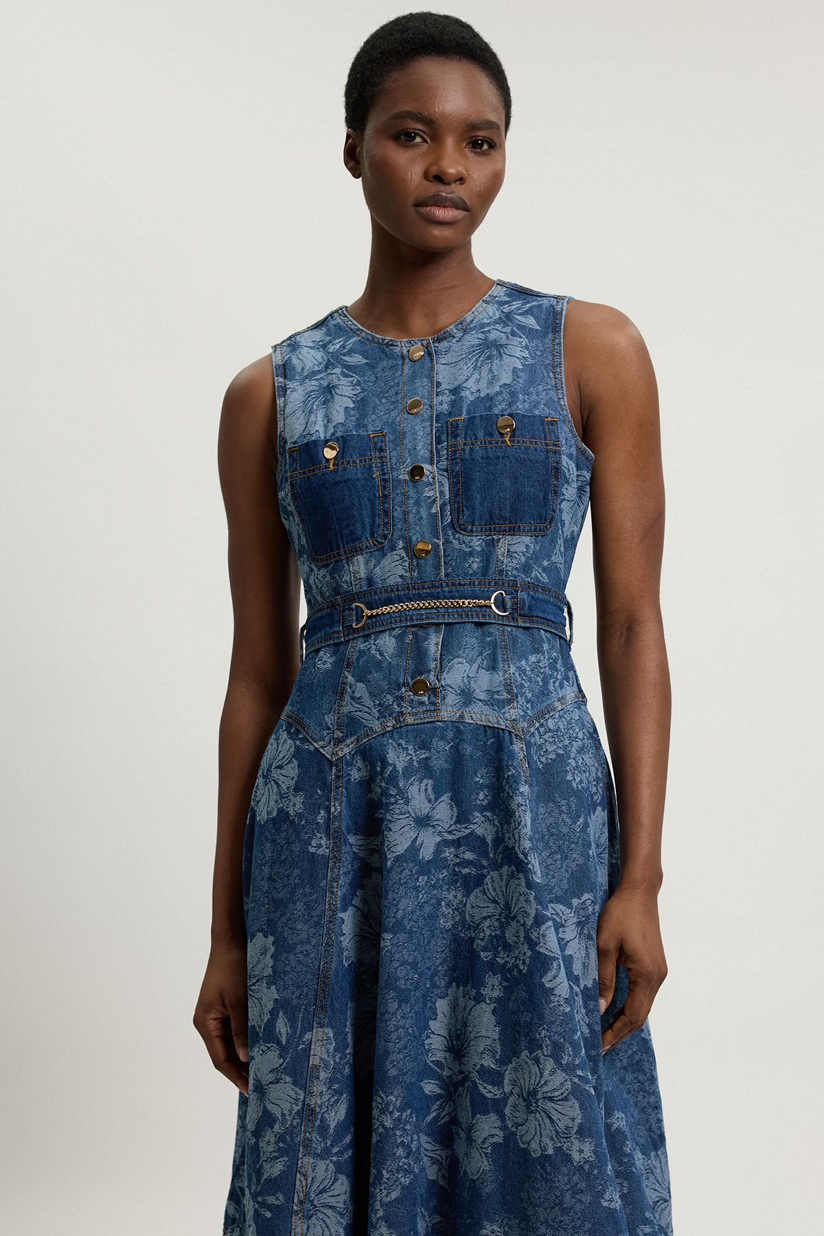 KarenMillen Petite Jacquard Denim Full Skirted Midi Dress