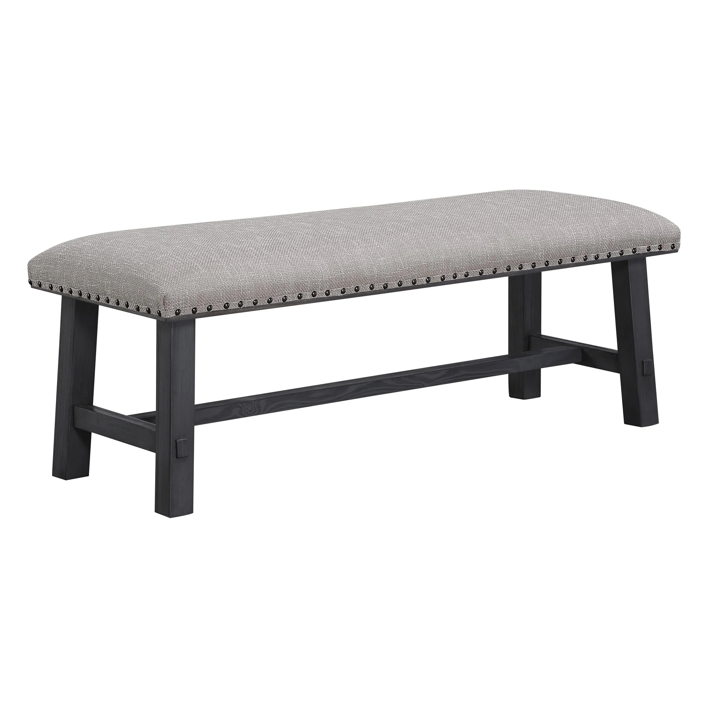 OS Home and Office Furniture Callen Bench with Antique Grey Frame and Antique Bronze Nailhead Trim in Grey Fabric