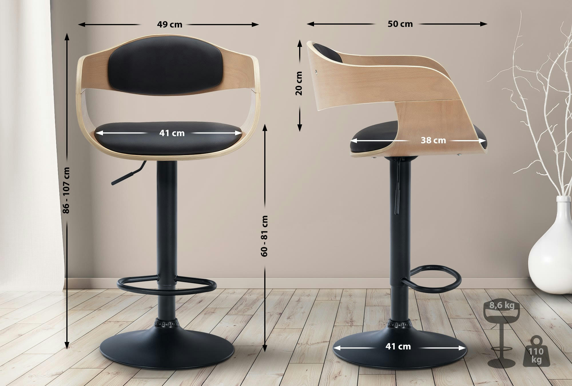 KINGSTON - Tabouret de bar ajustable pivotant similicuir Nature / Noir