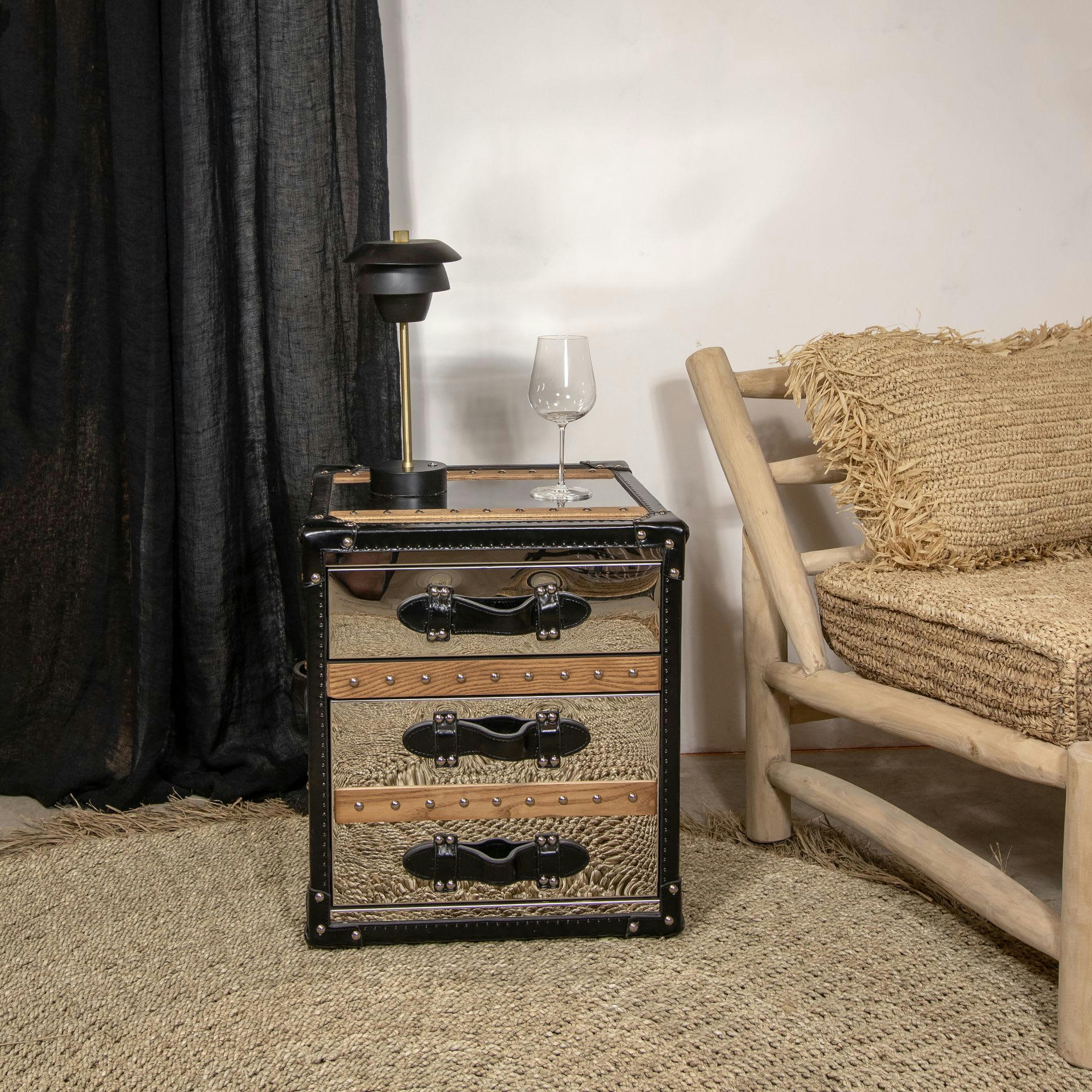 ILLIADE - Meuble d'appoint 3 tiroirs en acier inoxydable et cuir