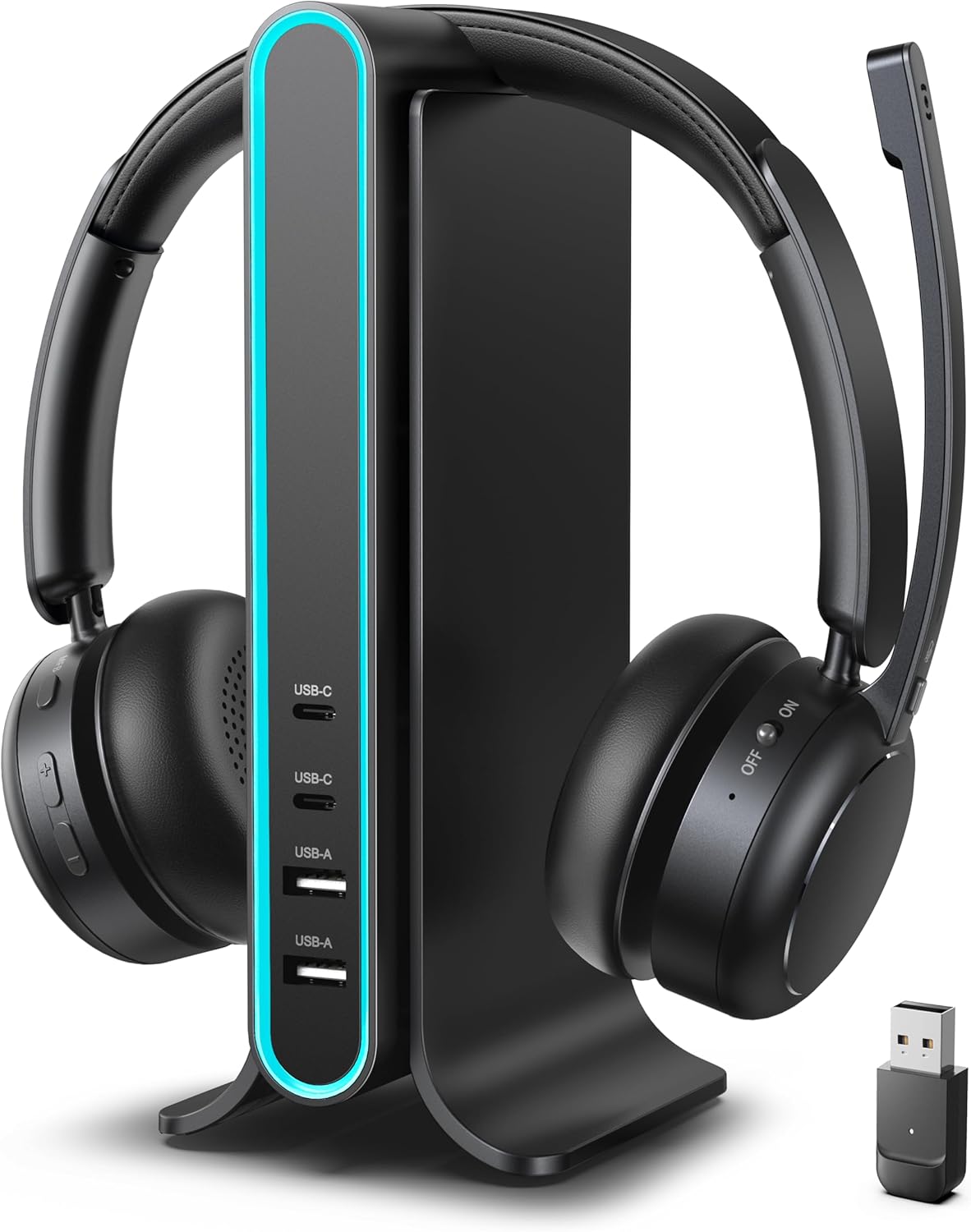 Bluetooth Headset, Wireless Headset with Mic for Work, Qualcomm Dongle, 5.4 Headsets with Microphone for Work, Wireless Noise Cancelling Headphones (Black)