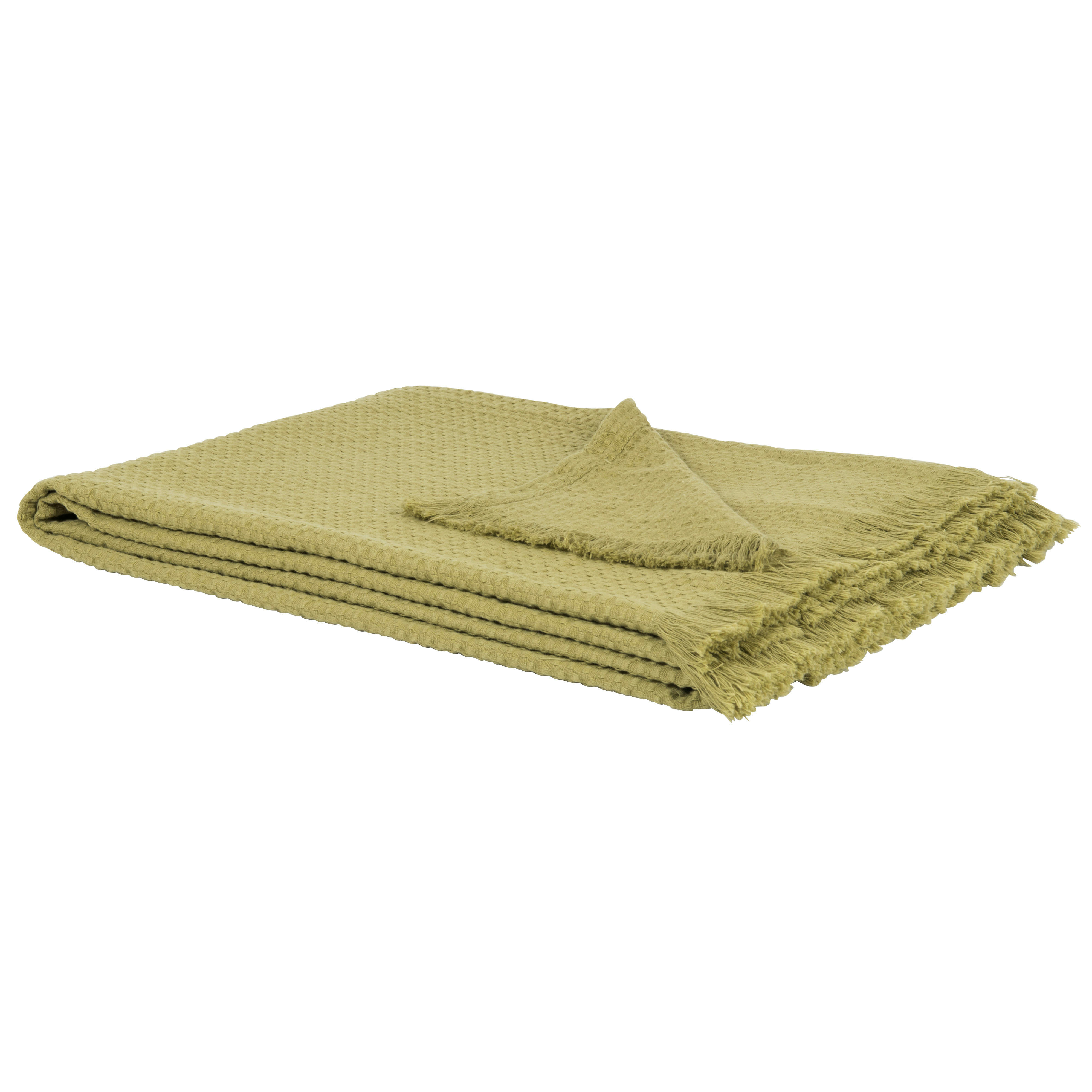 IRAJA - Plaid en coton tissé et gaufré à franges vert olive uni 170x130