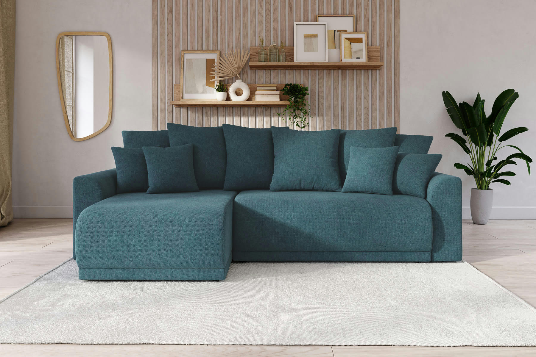 NOVA - Canapé d'angle convertible en tissu 4 places bleu paon