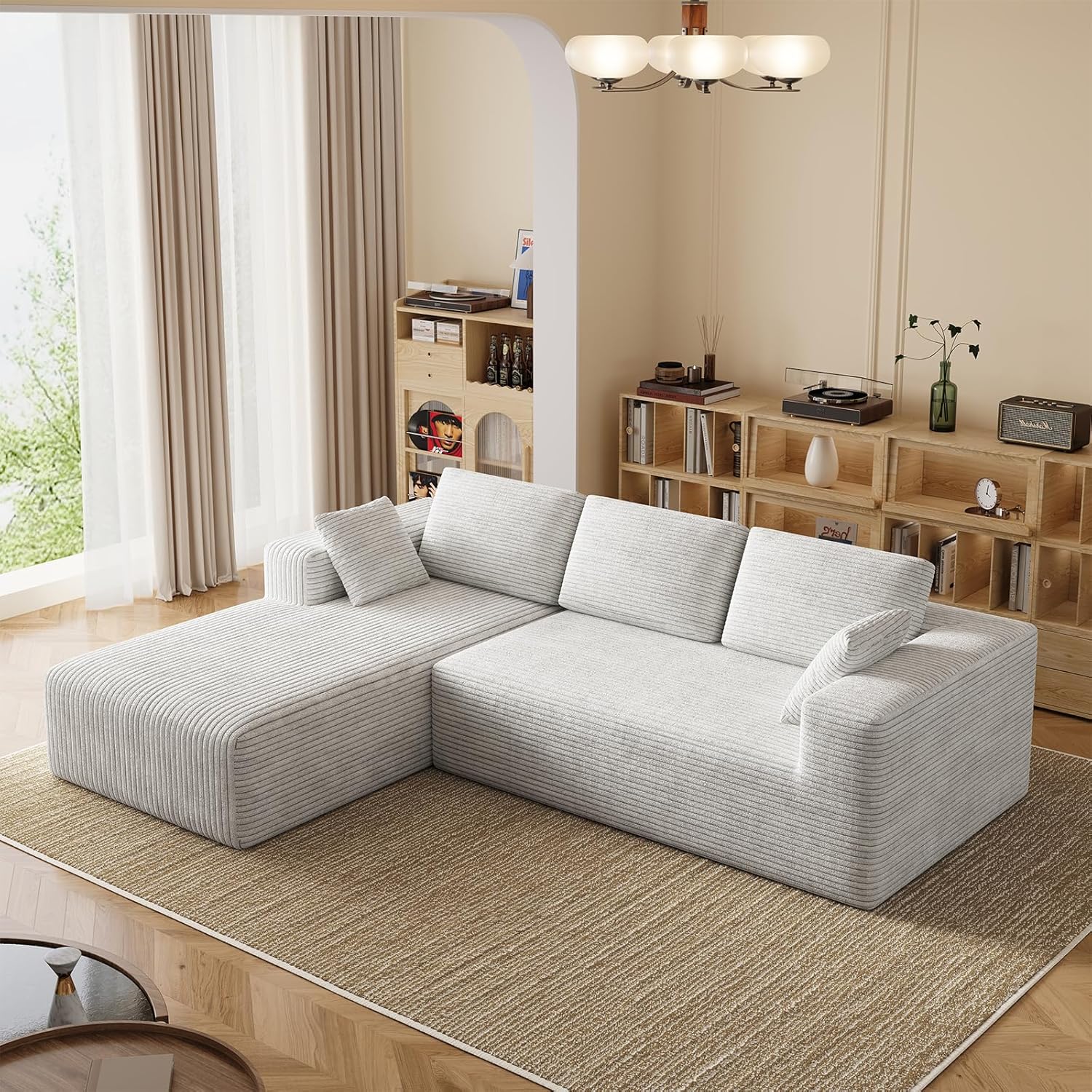 106 Corduroy Sectional Couch, Boneless L Shaped Couch with Deep Seat, Cloud Foam Sofa with Oversized Chaise, Sectional Sofa No Assembly Needed for Living Room
