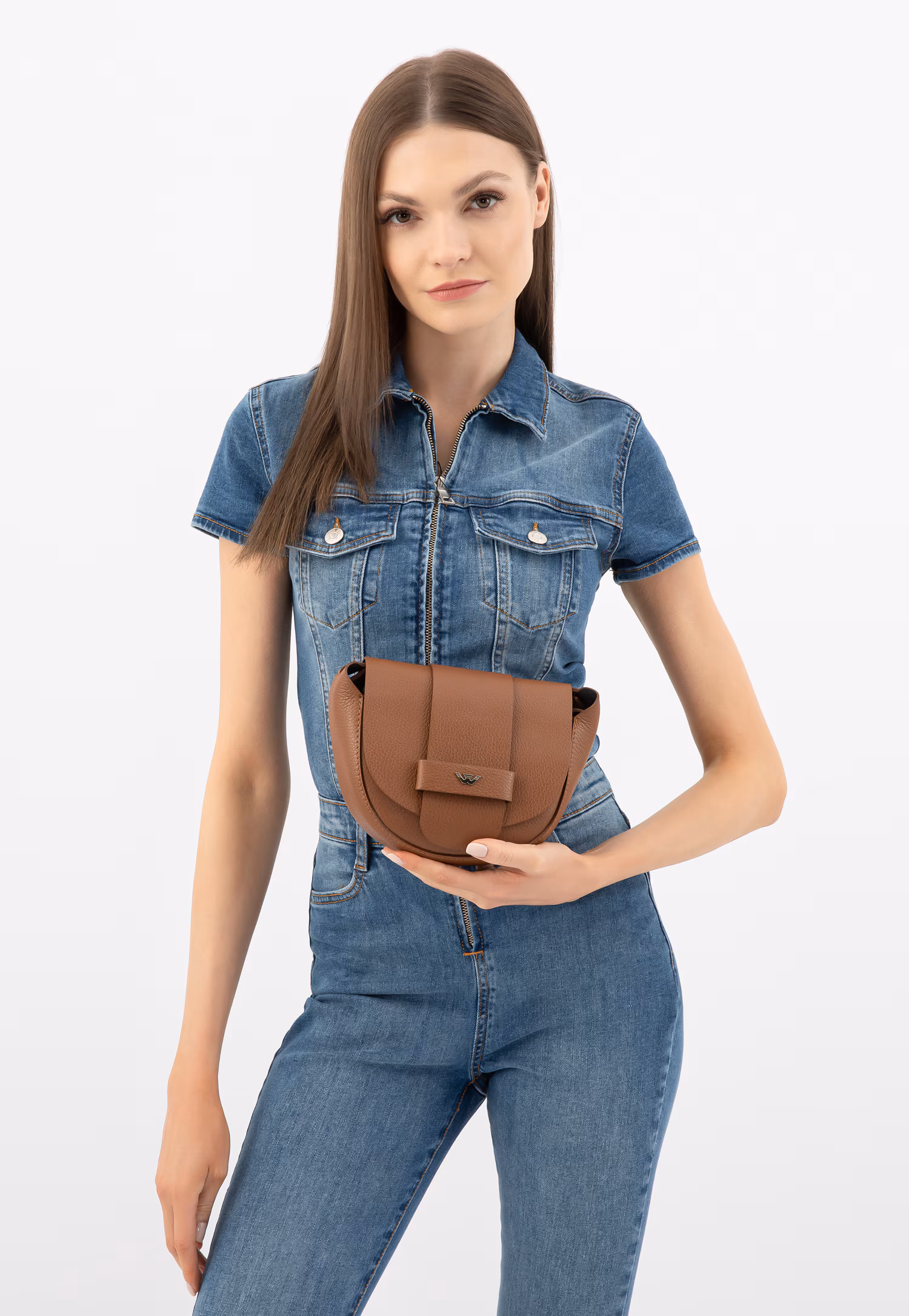 Jasnobrązowa skórzana torebka damska typu saddle bag
