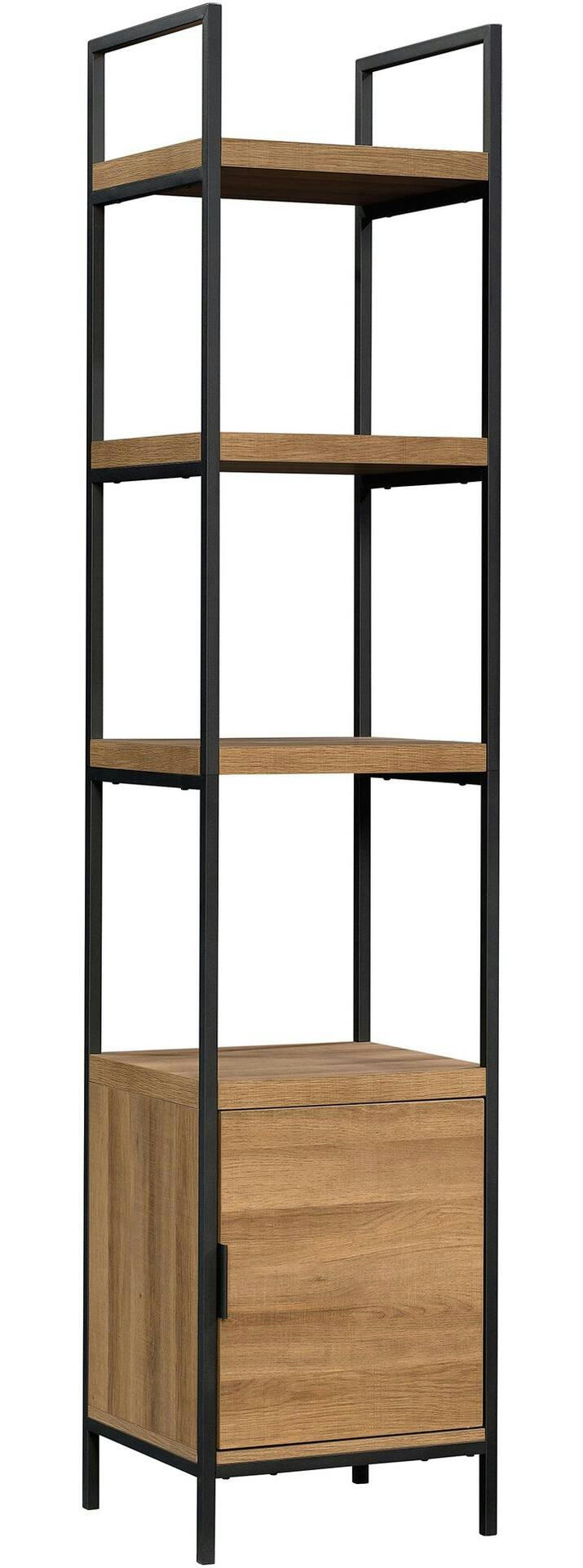 CANVAS Robson 4-Tier Metal Frame Narrow Bookcase With Storage Door, Oak Finish