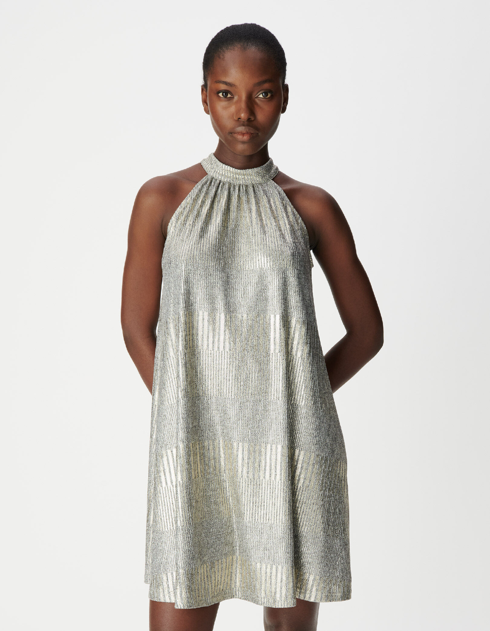 Robe courte argentée maille côtelée à nouer dos Femme