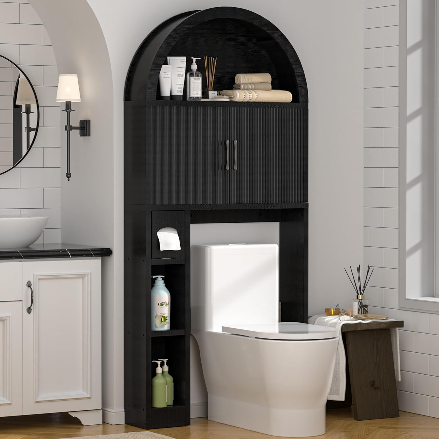 Spurgehom Over The Toilet Storage Cabinet, Bathroom Shelf Organizer Freestanding, Bathroom Arch Cabinet Over Toilet with Toilet Paper Holder and Anti-Tipping Device, Black
