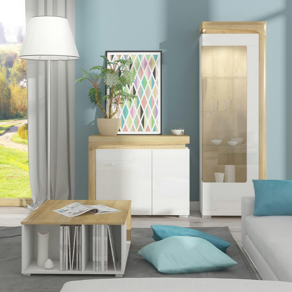 - Buffet 2 portes LED inclus stratifiés blanc et naturel