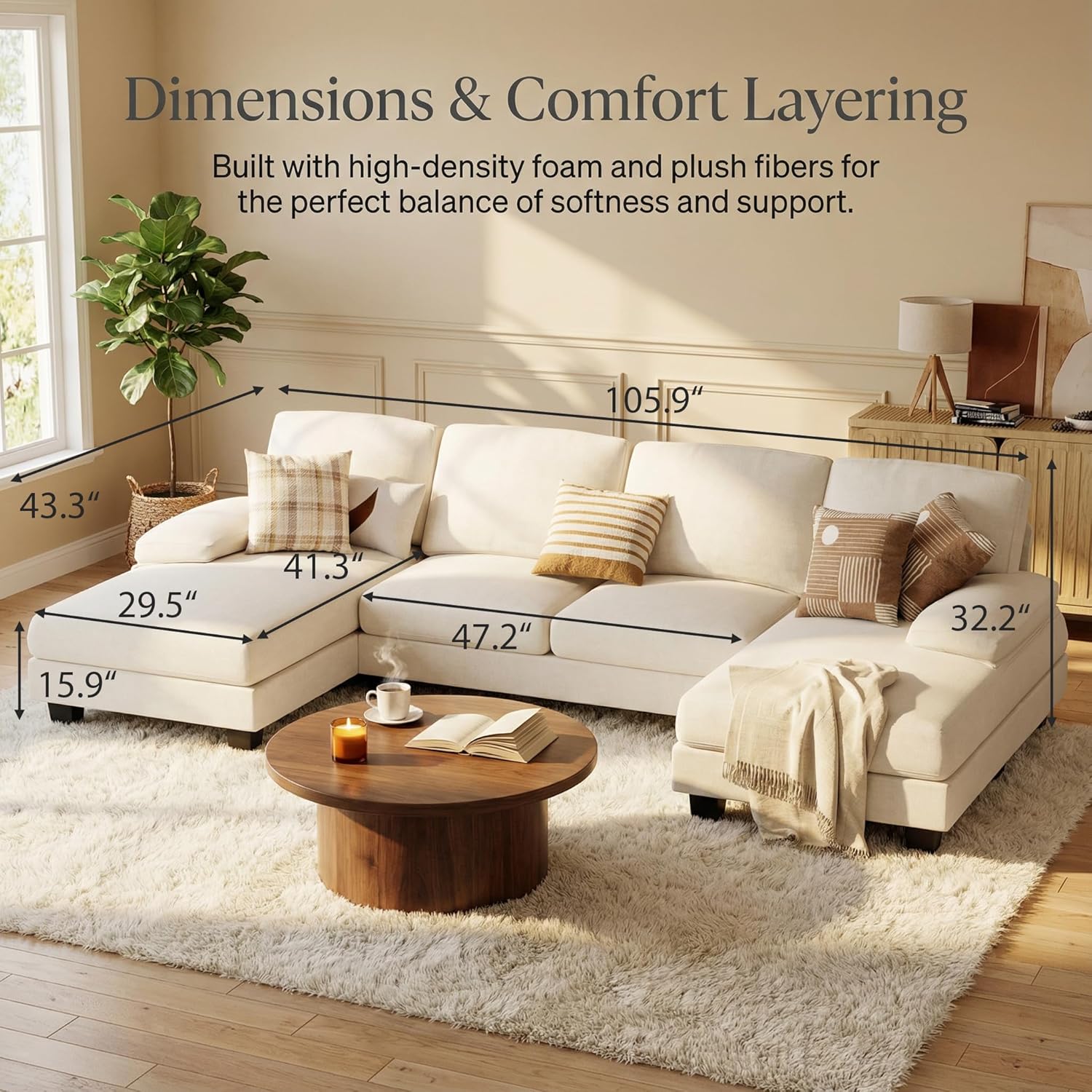 Homall Modular Sectional U Shaped Sofa Couches for Living Room, Comfy Chenille 4 Seat Sofa Set with Removable Pillows, Lounge Chaise Upholstered Couch for for Apartment (Chenille, White)