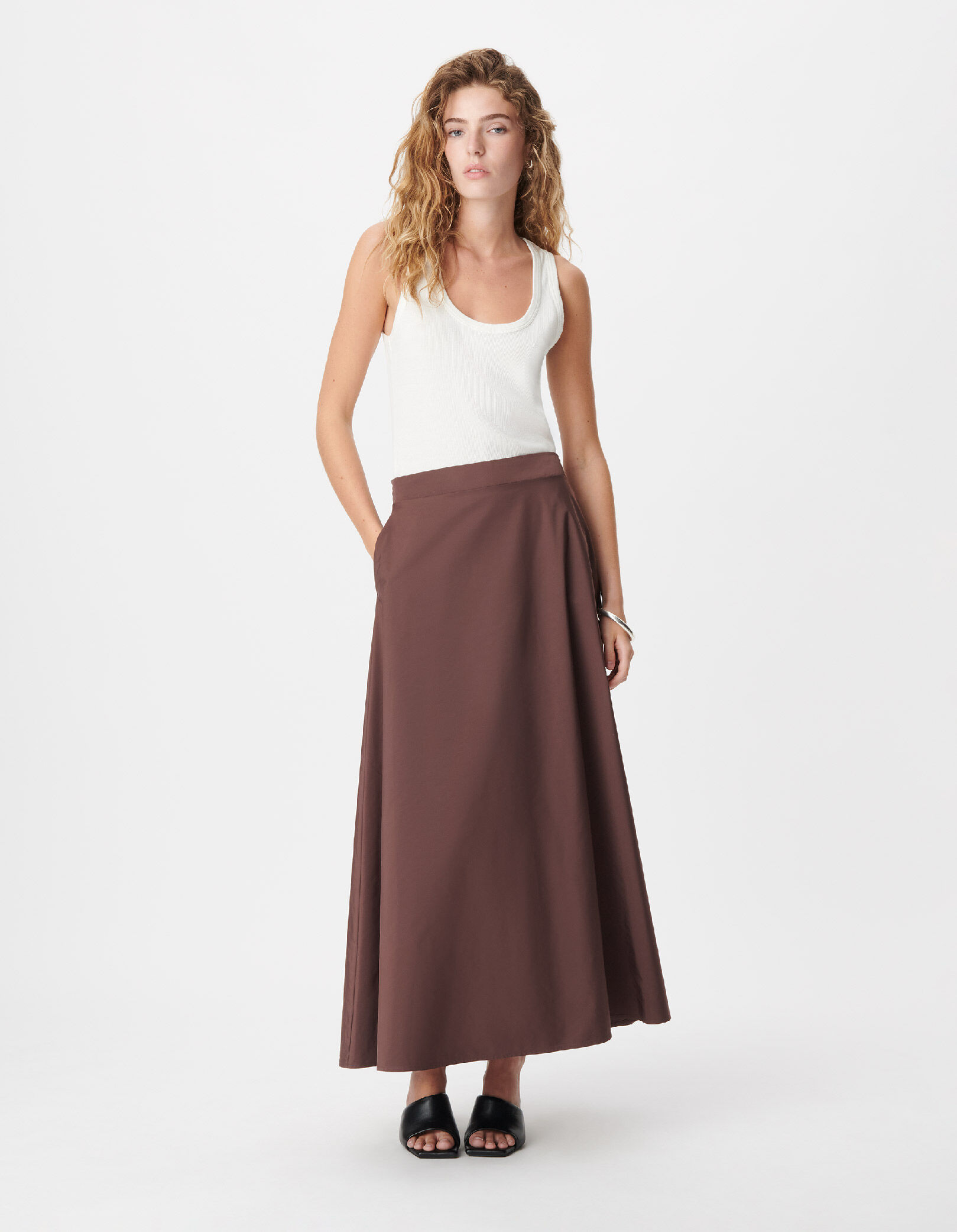 Jupe longue marron en taffetas pour femme