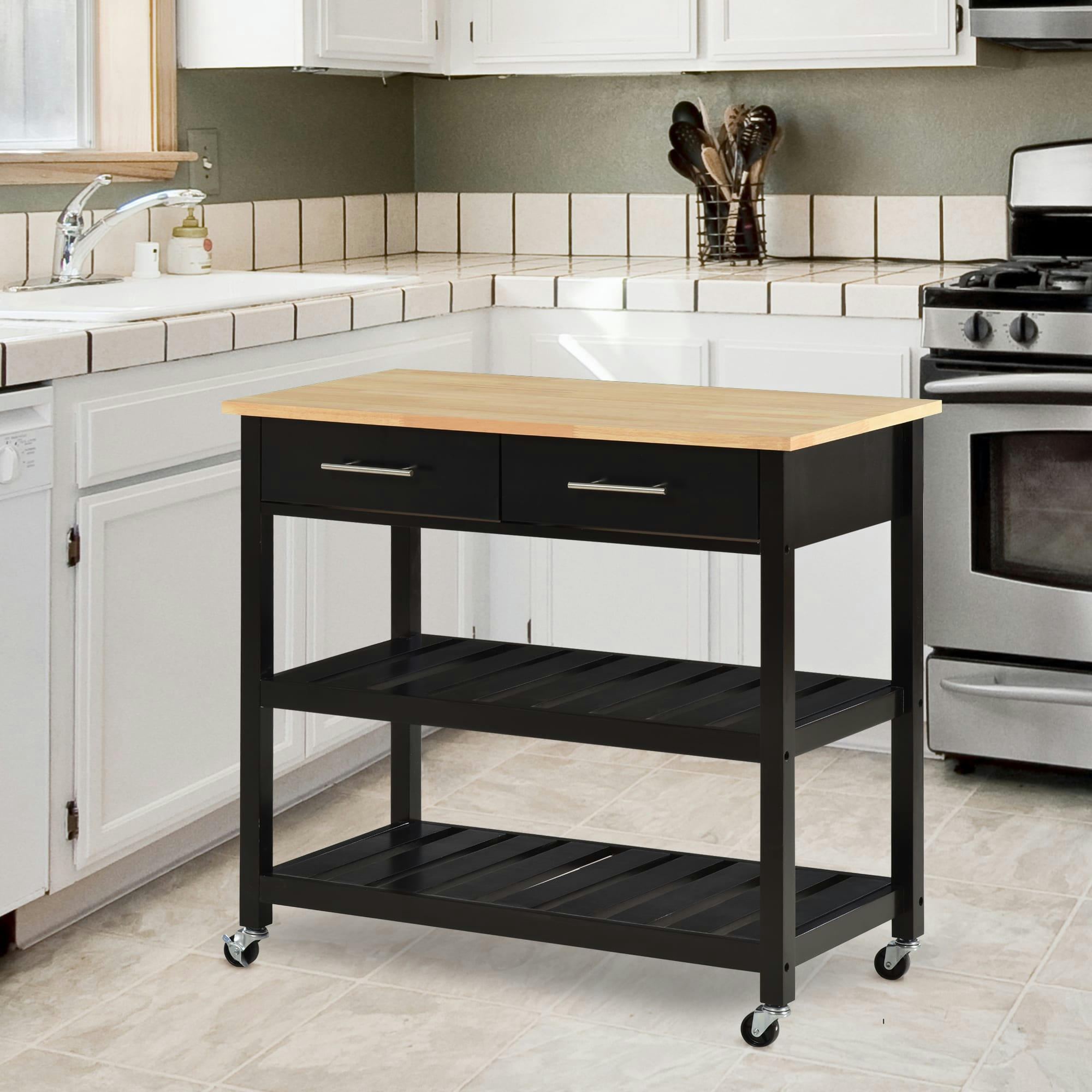 - Desserte de cuisine à roulettes 2 étagères 2 tiroirs noir bois naturel
