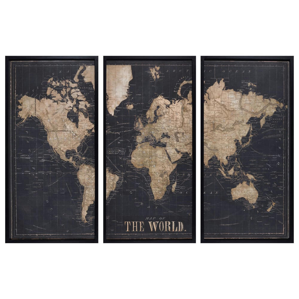 Explore - Cadre triptyque carte du monde noir 180x120