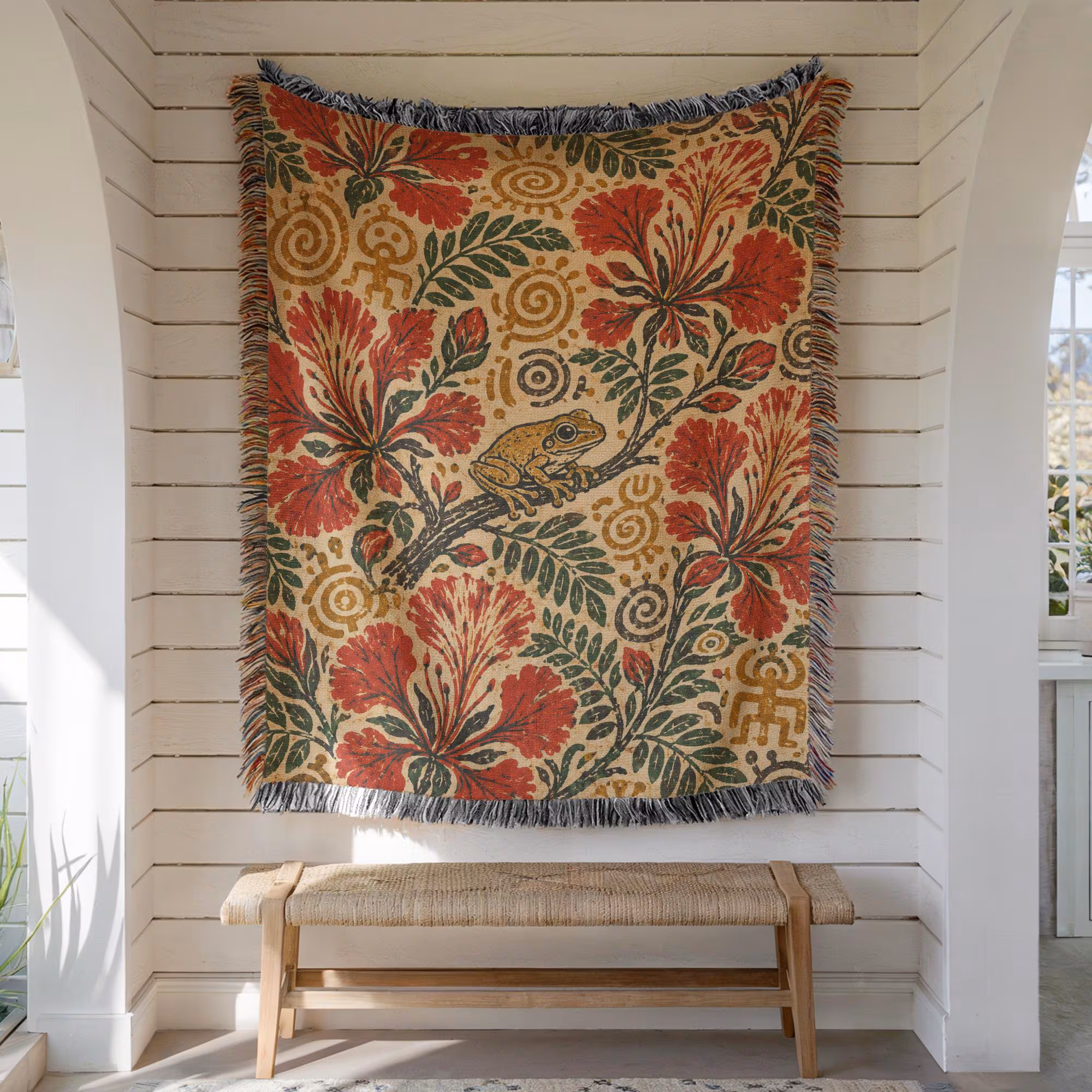 Puerto Rico Woven Blanket, Coqui Frog Flor de Maga Tapestry Throw, Taino Floral Wall Hanging, Boricua Tropical Heritage Home Decor