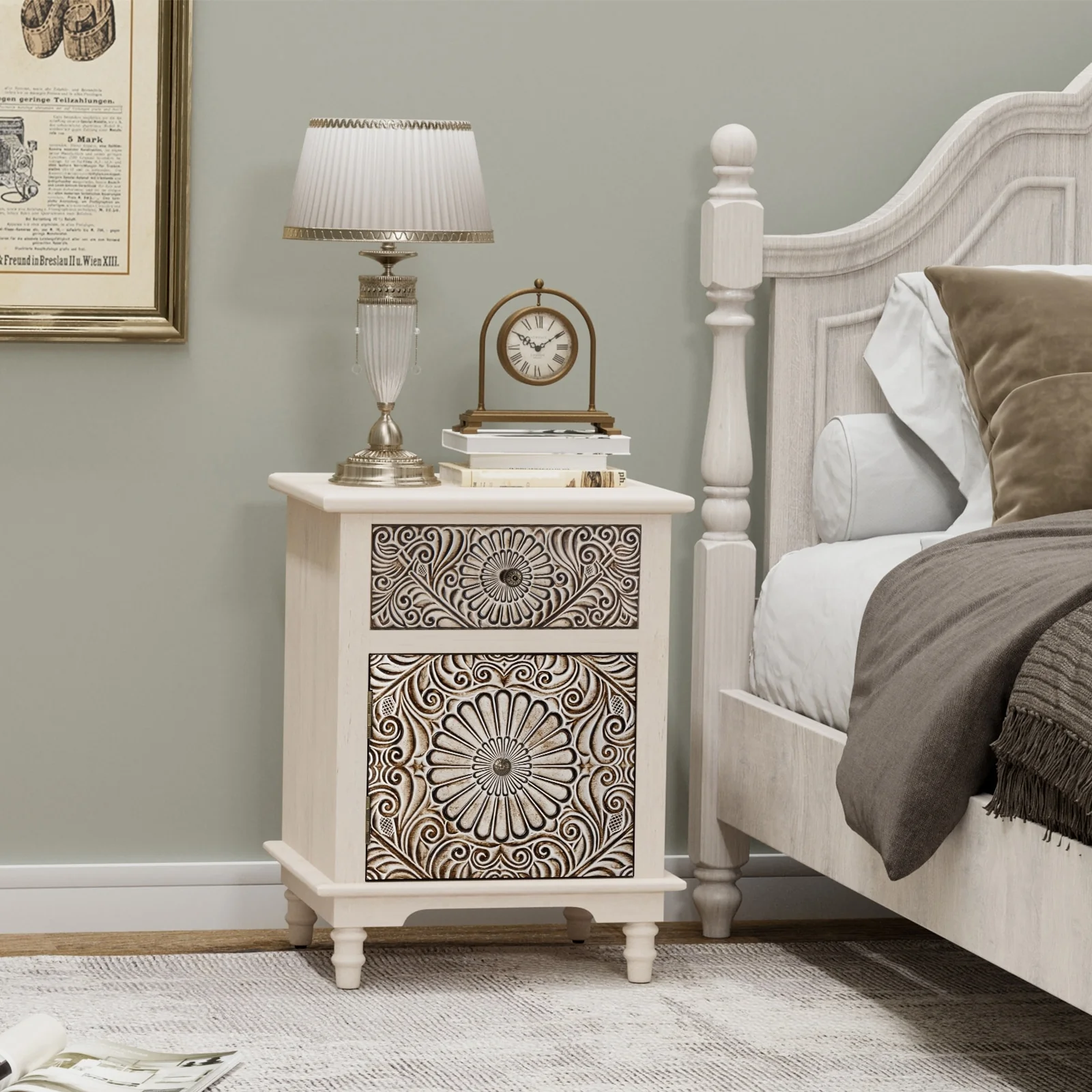 COSIEST Vintage Accent Nightstand End Table w Chest, Drawer