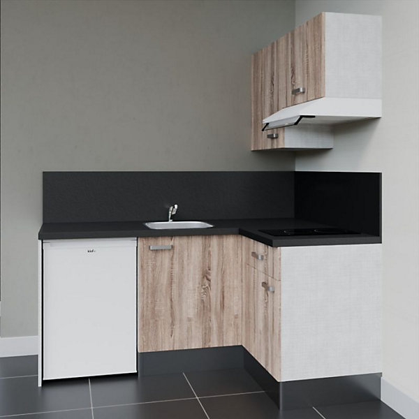 Kitchenette KA02 façades Bois - Plan de travail Noir texturé - Crédences : Oui - Evier inox - Electroménager Blanc inclus
