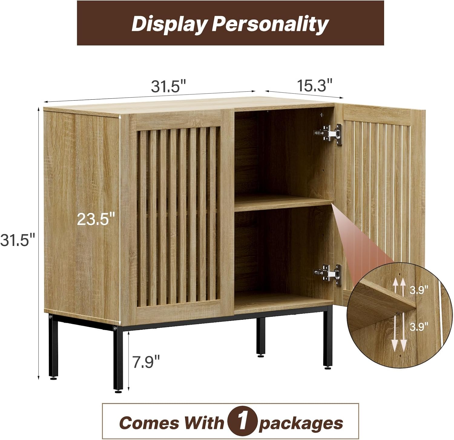 BVIUNTWO Buffet Cabinet with Storage,31.5 Farmhouse Console Table with Metal Base and Adjustable Shelf,Sideboard Coffee Bar Cabinet with 2 Doors for Kitchen,Dining Room,Living Room,Oak