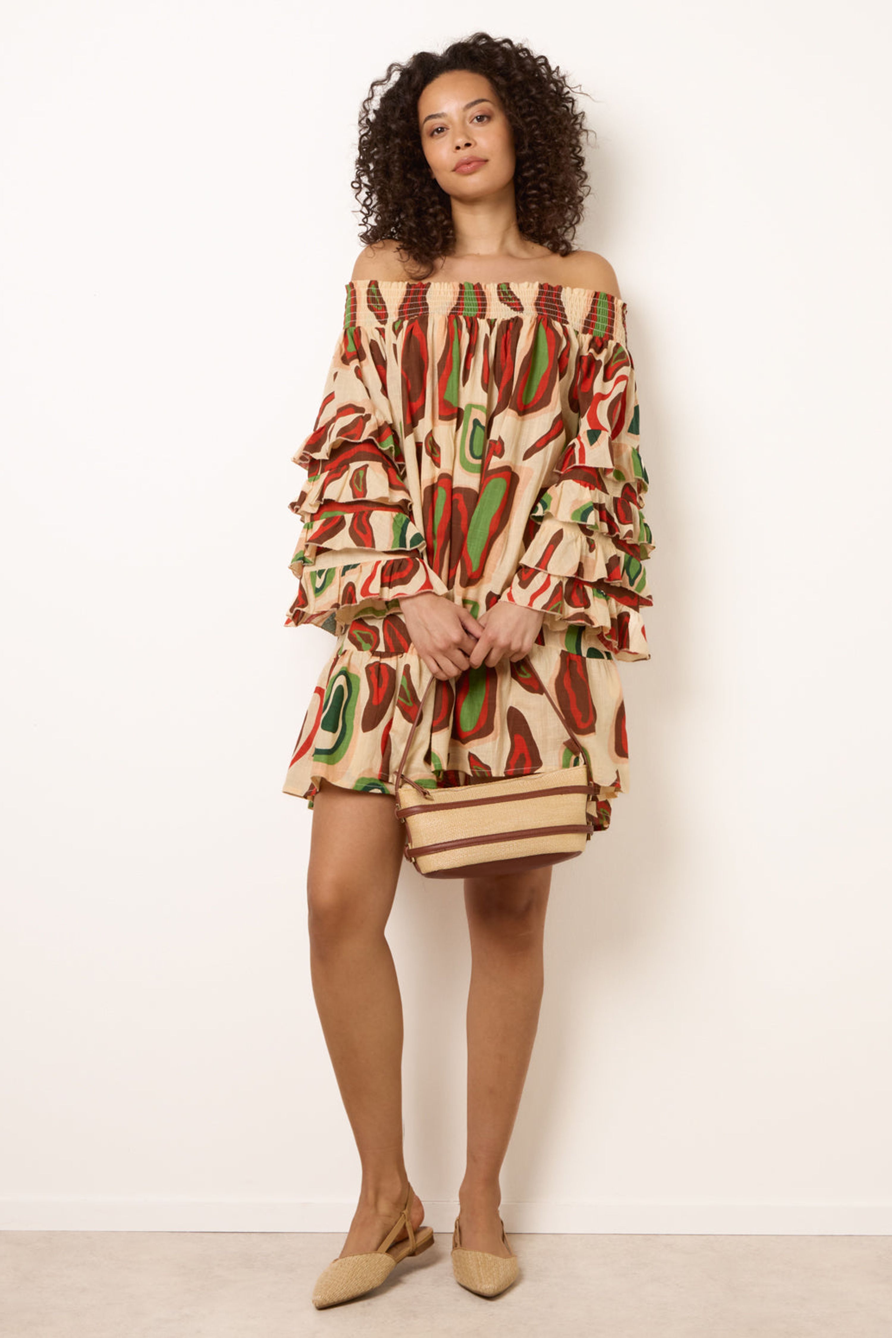 Blue Vanilla Multi Printed Frill Sleeve Bardot Off Shoulder Tunic Dress