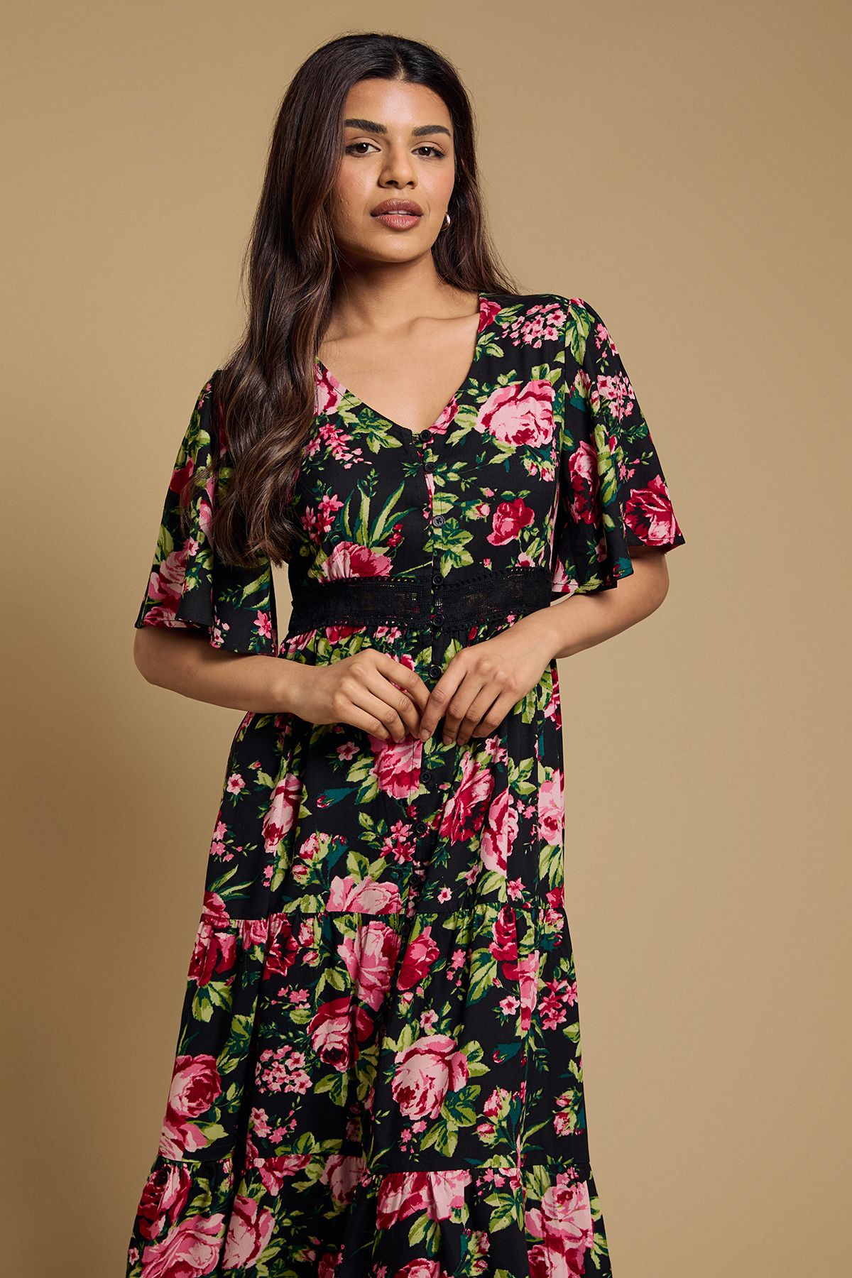 Dorothy Perkins Petite Black Floral Lace Trim Button Detail Angel Sleeve Printed Midi Dress
