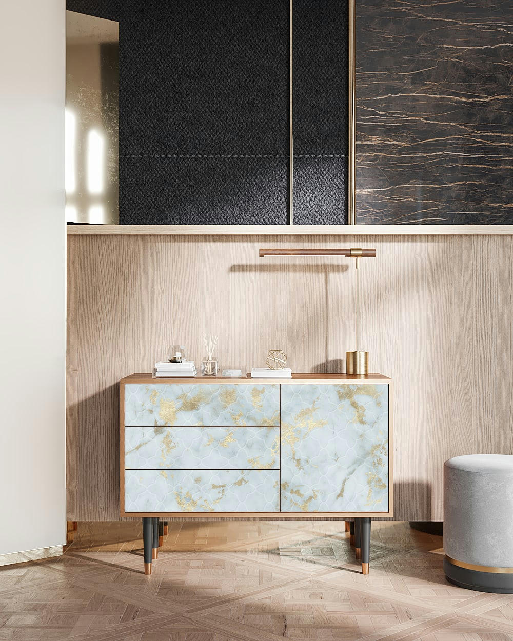 GOLDEN WAVES - Buffet  blanc clair 3 tiroirs et 1 porte L 115 cm