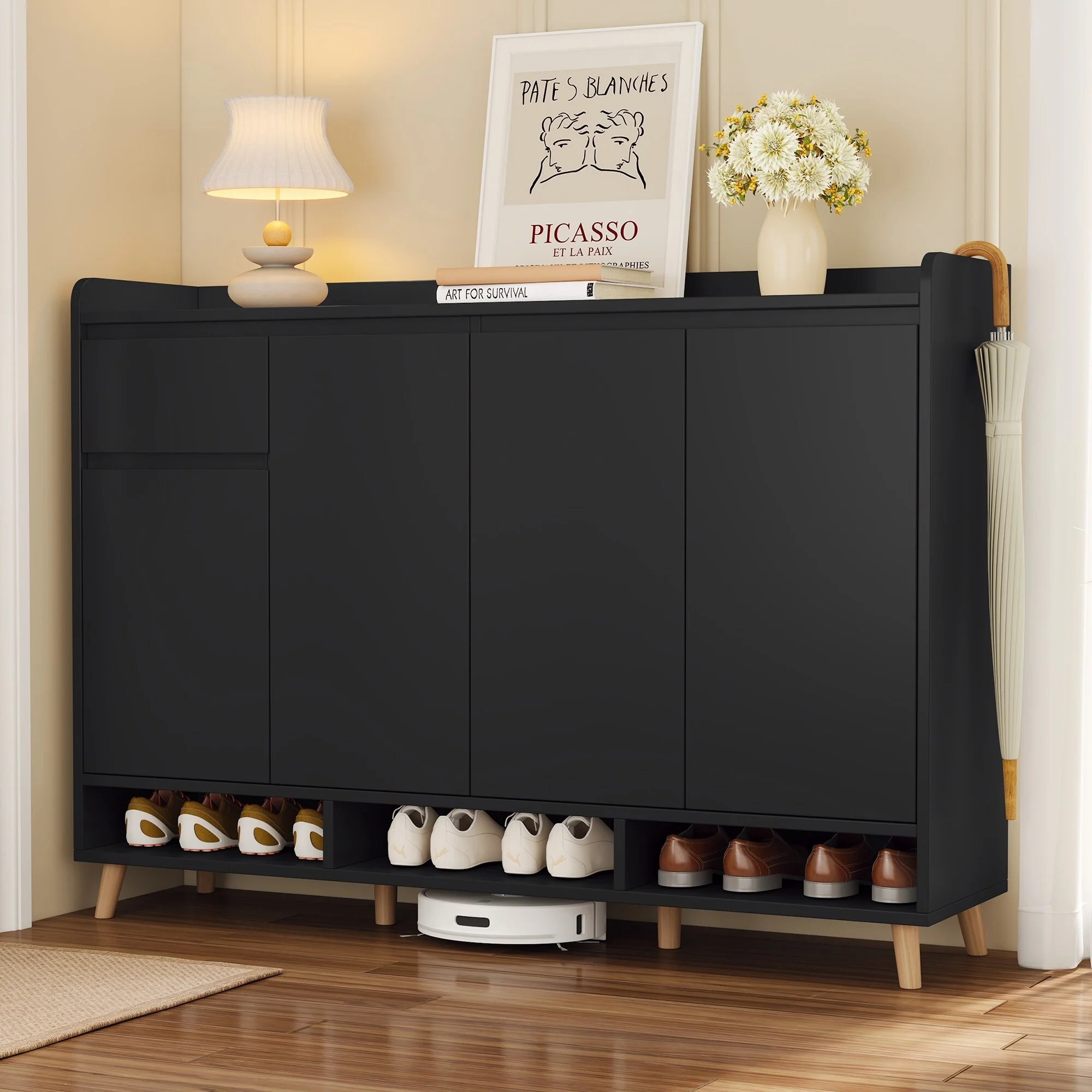 Shoe Storage Cabinet with Adjustable Shelves, Home Organizer with Solid Wood Legs, Multi-tier Shoe Cabinet for Entryway