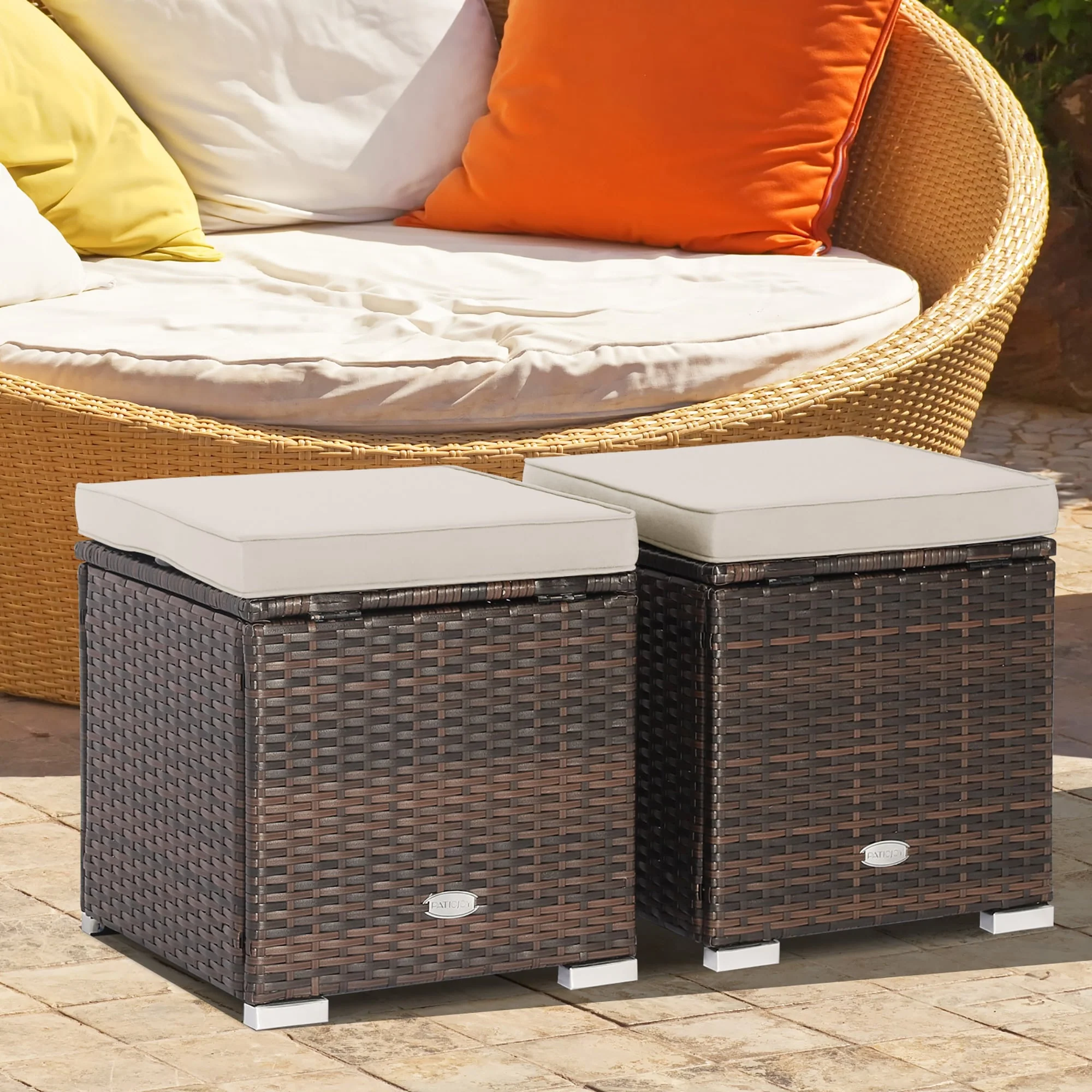 Costway 2PCS Patio Rattan Ottomans Seat Side Table Storage Box - See Details