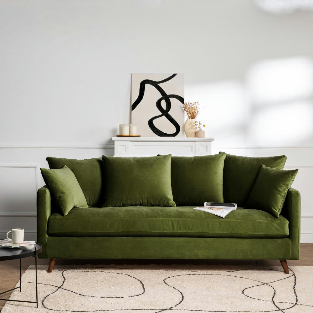 VILLABON - Canapé convertible 3 places en velours pieds bois foncé vert olive