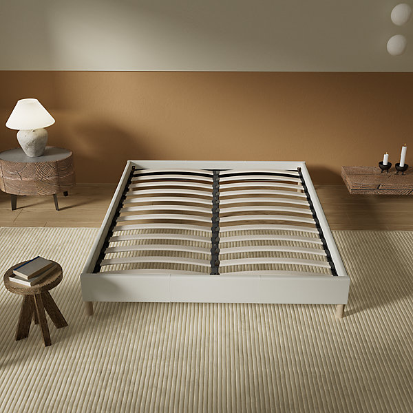Lit avec sommier lattes en bois - 140x200 cm - Tissu Blanc - Pieds en bois