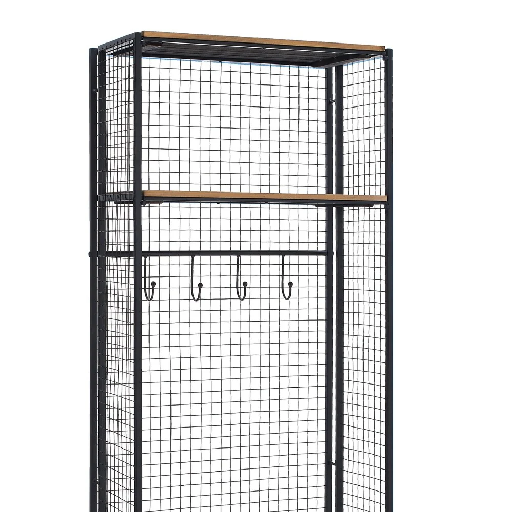 Industrial Grid Metal and Wood Coat Rack with 4 Hooks, Black and Brown