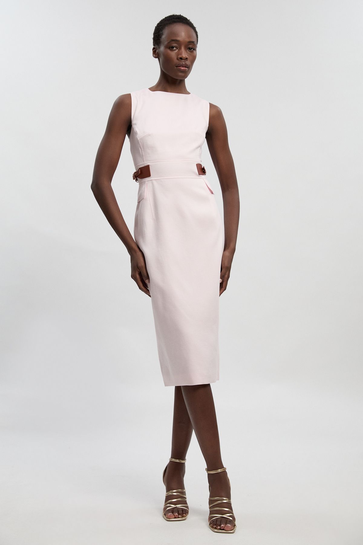 KarenMillen Tailored Linen Tab Waist Pencil Midi Dress