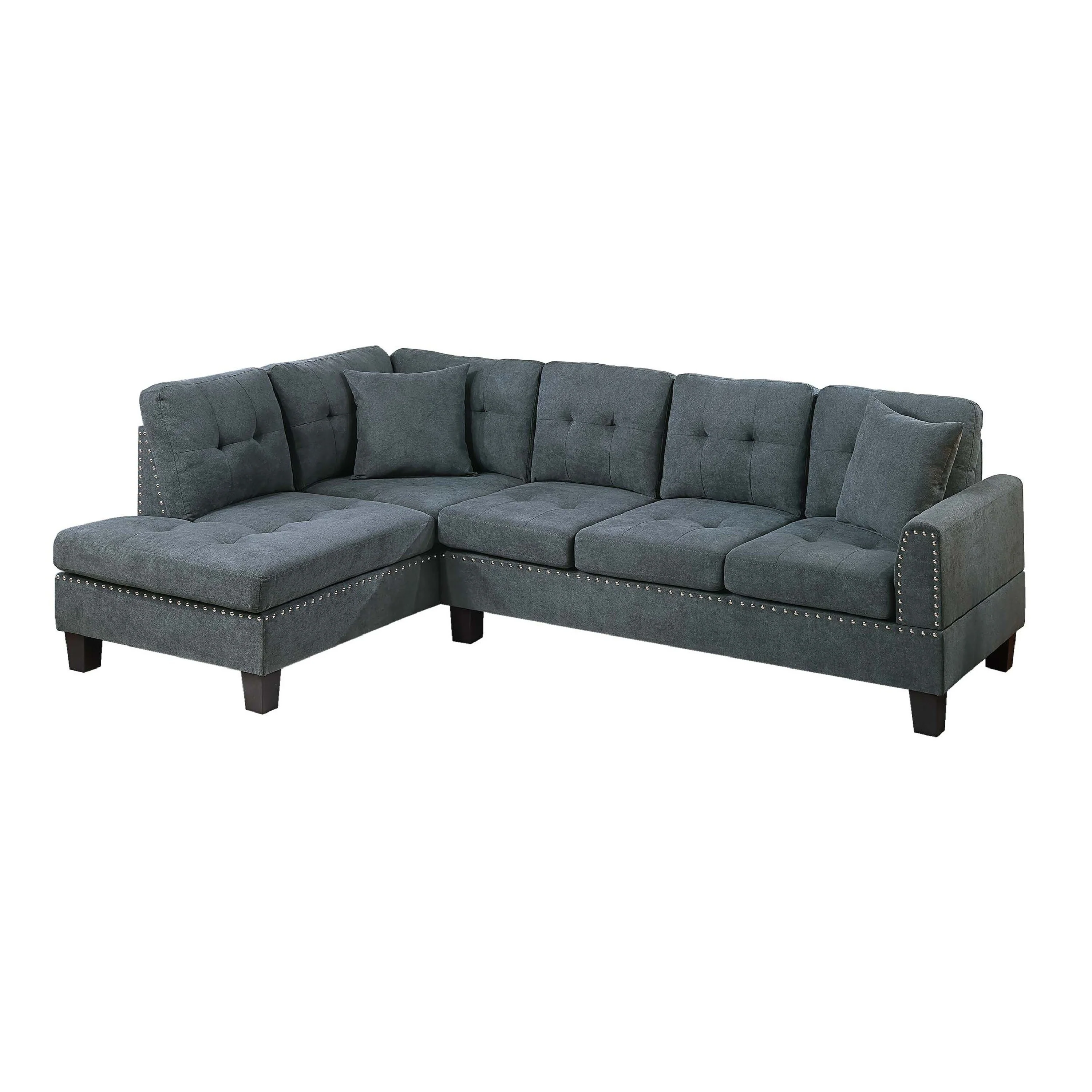 Dema 2pc Sectional Sofa Set, Chaise, 2 Pillows, Textured Black Velvet
